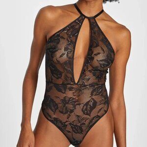 Aubade Black Floral Lace Halter Plunge Bodysuit